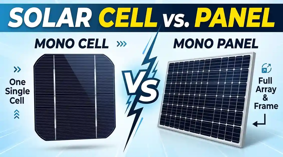 Monocrystalline solar cell compared to a full monocrystalline solar panel