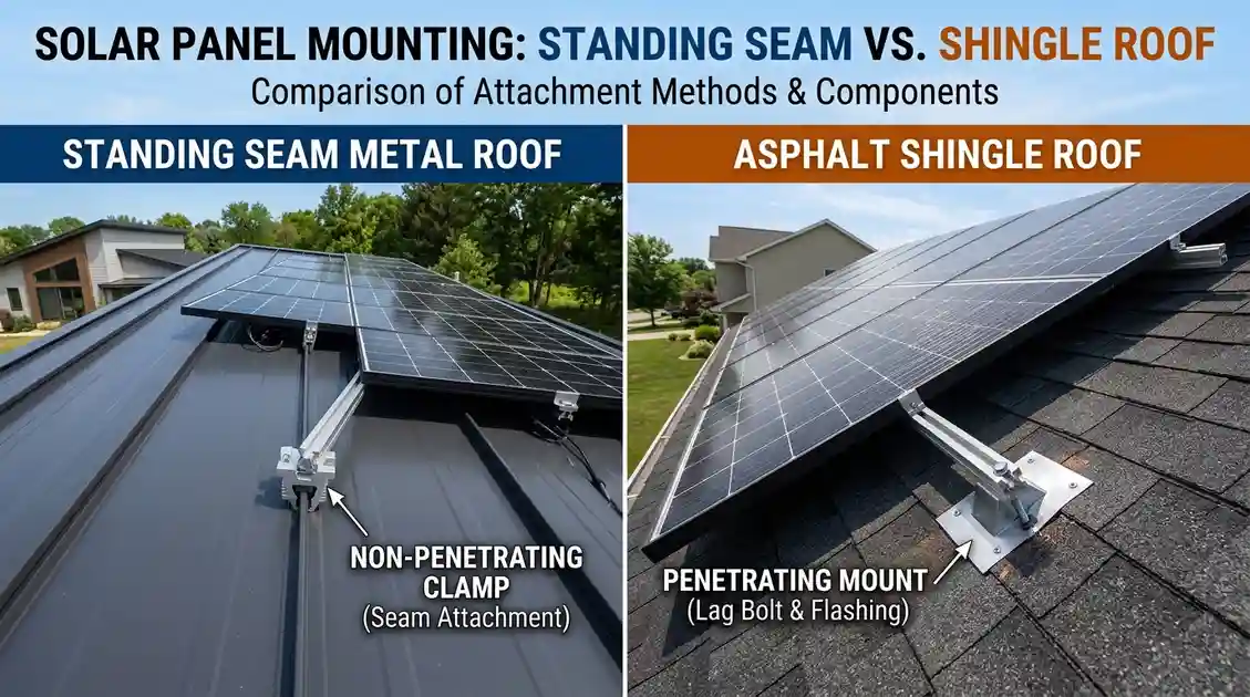 Solar panels clamped onto a standing seam metal roof with no drilled roof penetrations