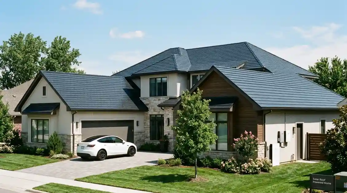Tesla Solar Roof tiles installed on a home, blending in with traditional roof shingles