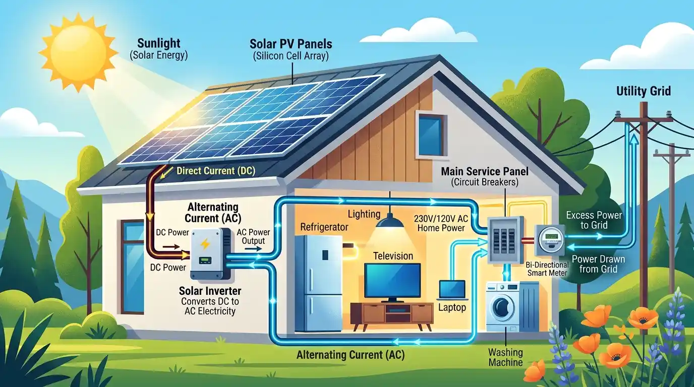 How do solar panels work — diagram from sunlight to inverter to home power