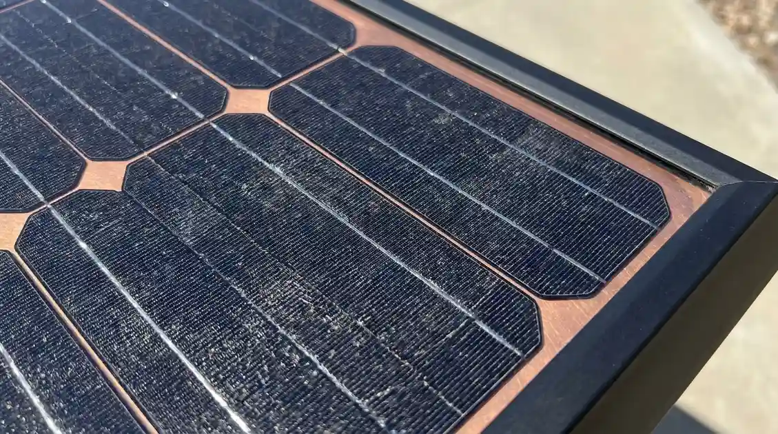 Close-up of a Maxeon 7 solar panel cell showing shingled layout without visible busbars