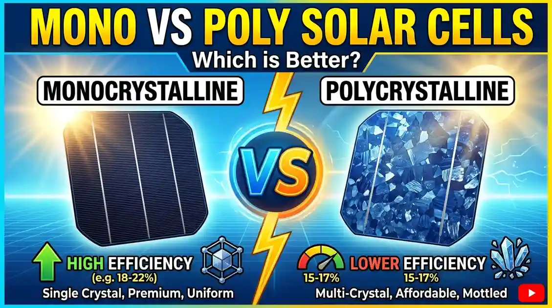 Side-by-side comparison of monocrystalline and polycrystalline solar cells