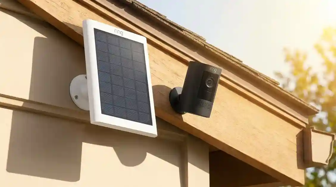 Ring camera solar panel clipped onto an outdoor mounting bracket in direct sunlight