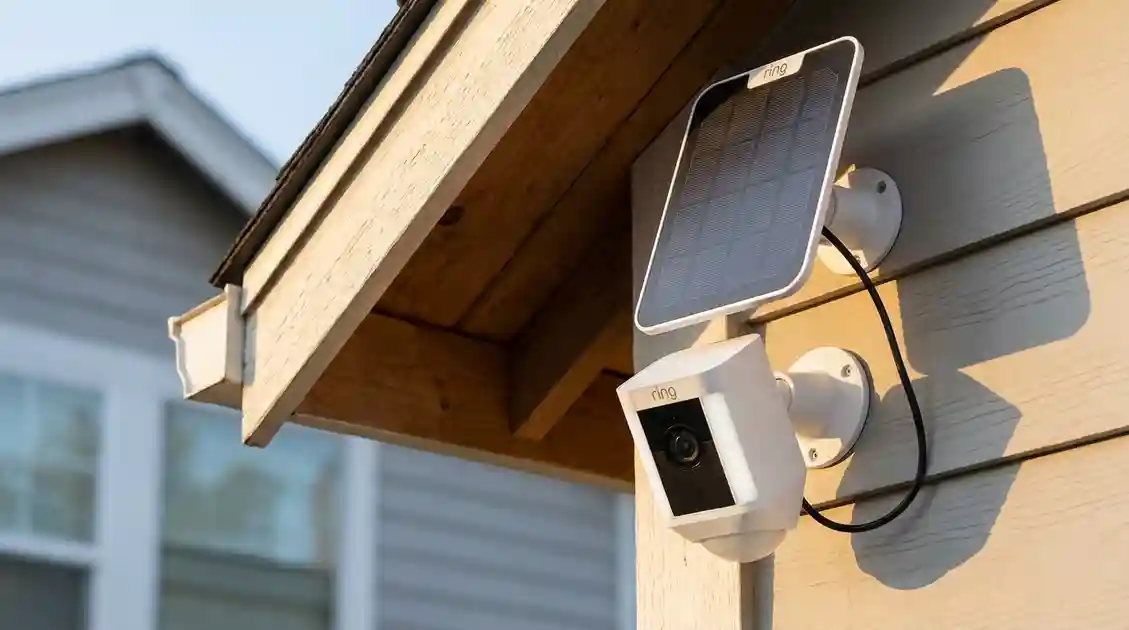 Ring camera with solar panel fully installed and mounted on an exterior wall