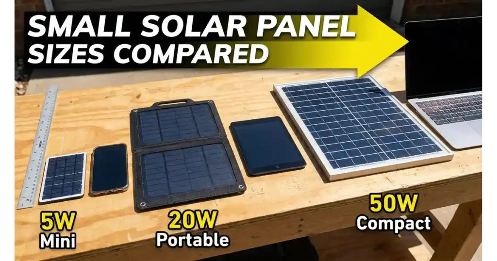 Small solar panels of different sizes and wattages arranged side by side from 5W to 200W