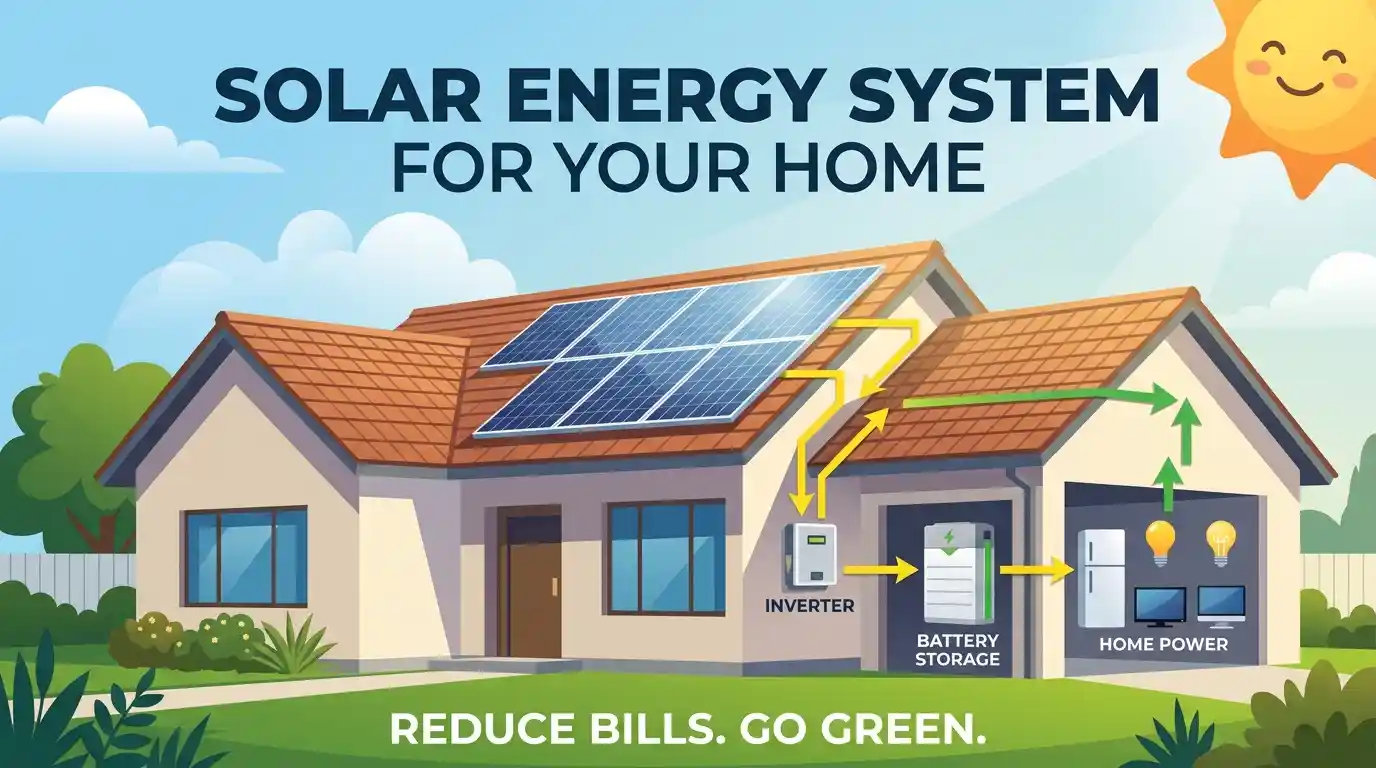 Solar energy system for home showing utility meter and net metering flow