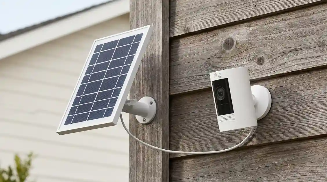Solar panel for Ring camera shown beside a compatible battery-powered outdoor camera