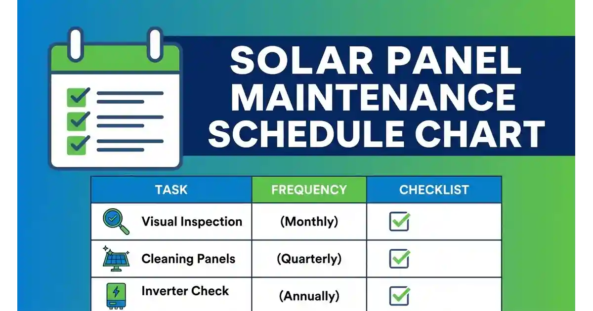 Solar panel maintenance tips and schedule chart showing monthly, seasonal, and yearly upkeep tasks