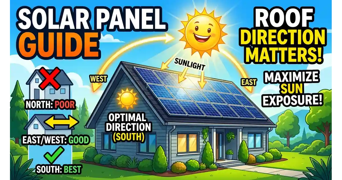 Diagram showing how south, west, east, and north facing roofs affect solar panel sun exposure and energy output