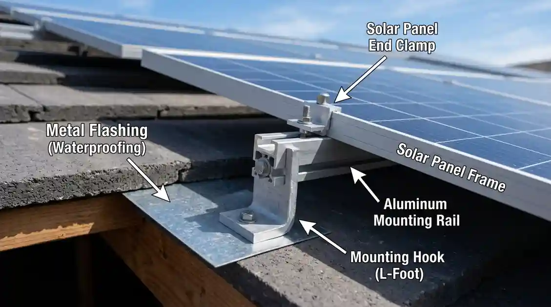 Close-up of solar panel roof mounting hardware showing flashed roof attachment, aluminum rail, and module clamp