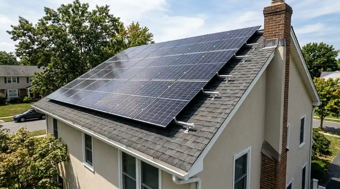 Solar panels mounted on a residential asphalt shingle roof with visible mounting rails and flashing