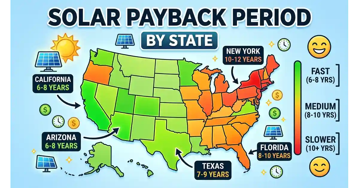 Bar chart comparing solar panel payback periods across seven U.S. states, ranging from about 5 years in Hawaii to 20 years in Washington state