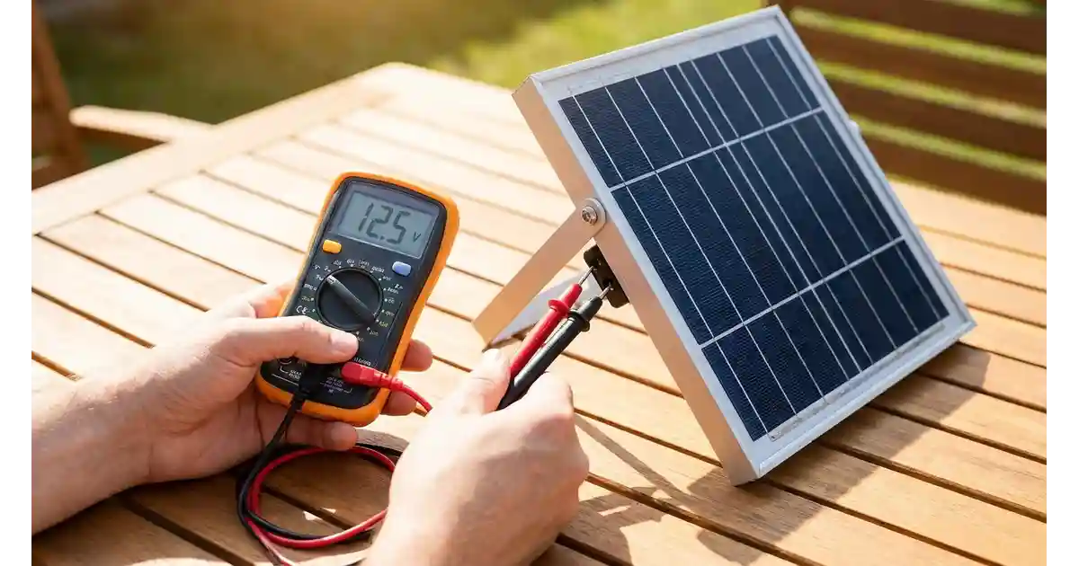 Testing a solar panel with a multimeter to check Voc and Isc readings