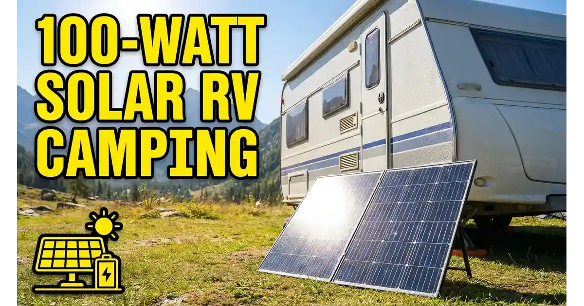 100-watt portable solar panel connected to a battery for RV and camping use