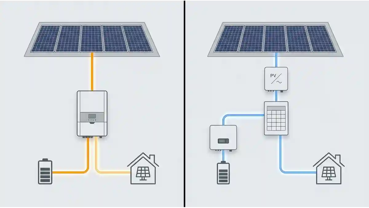 Diagram comparing AC-coupled and DC-coupled solar batteries setups