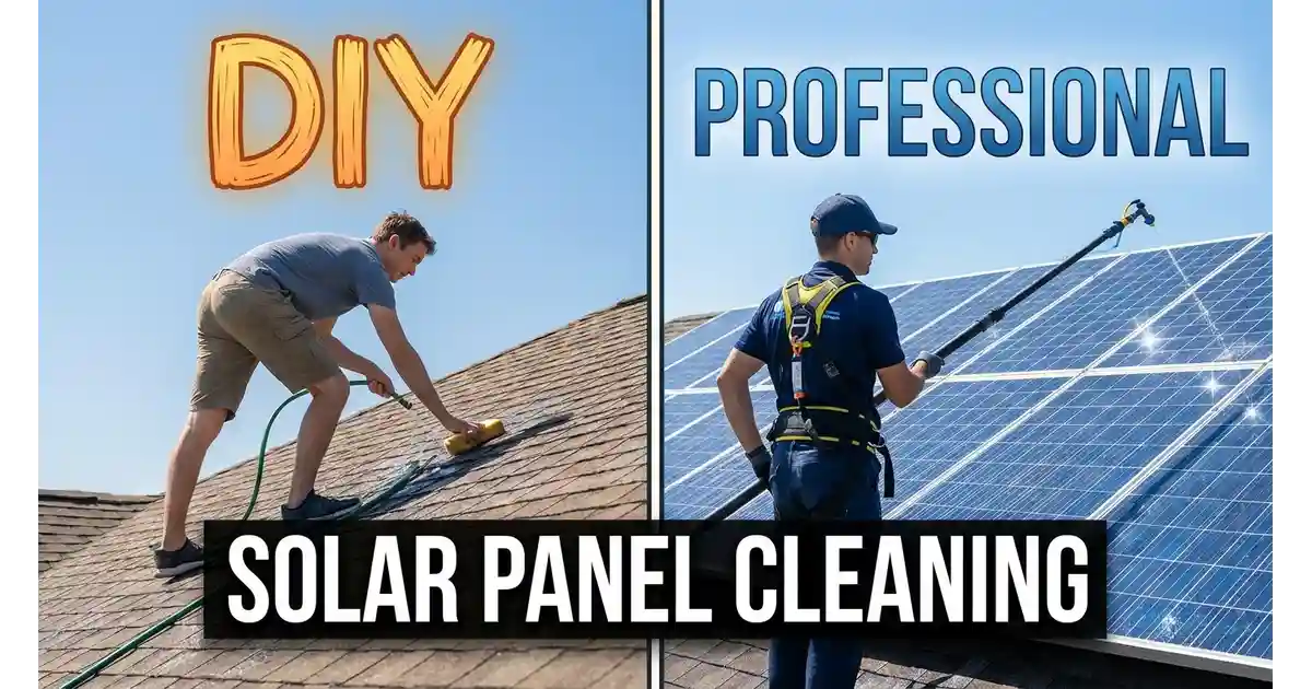 Side-by-side comparison of a homeowner hand-washing panels versus a technician using professional equipment
