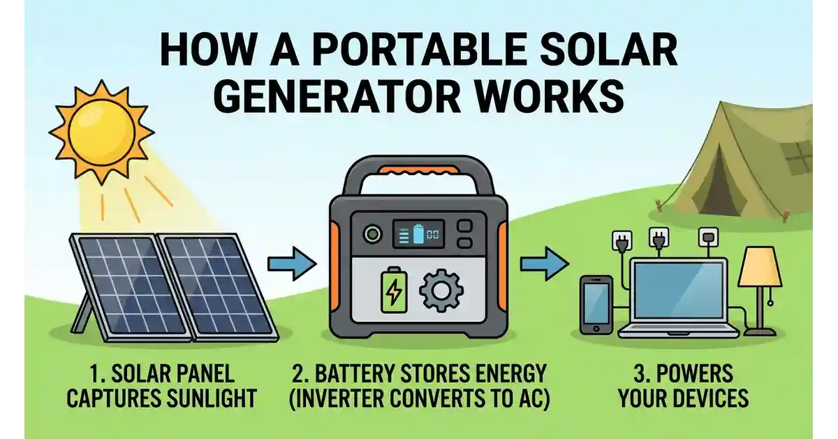 Diagram showing sunlight converting to DC power through a solar panel, then stored in a battery and converted to AC power by an inverter