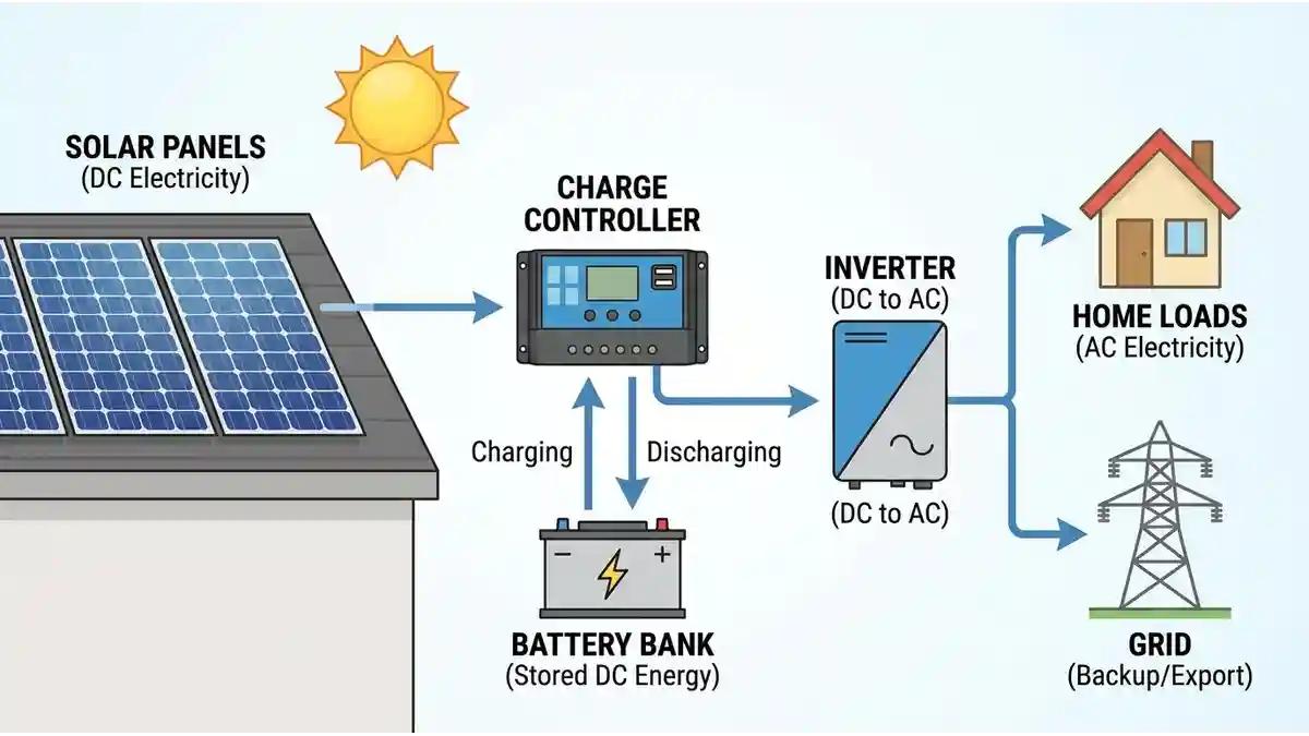 Diagram showing how solar batteries store and release energy from panels to home