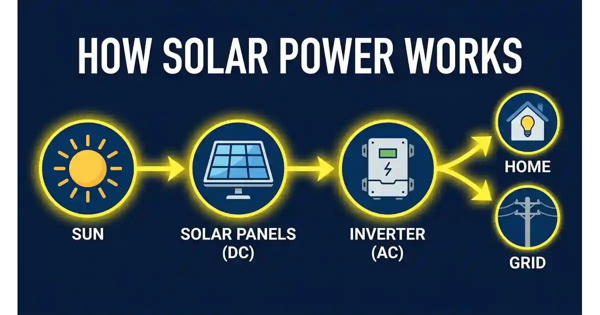 Diagram showing the solar power flow from sunlight to solar panel to inverter to home appliances to the grid or battery