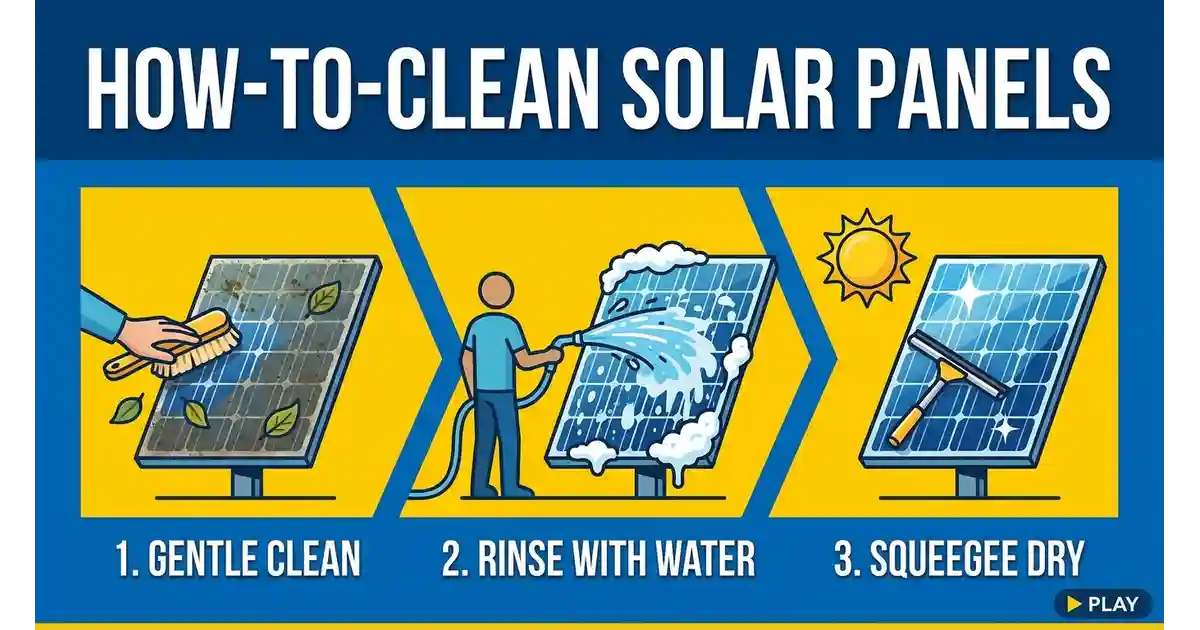 Step-by-step diagram showing how to clean solar panels: rinse, scrub, squeegee, and rinse again