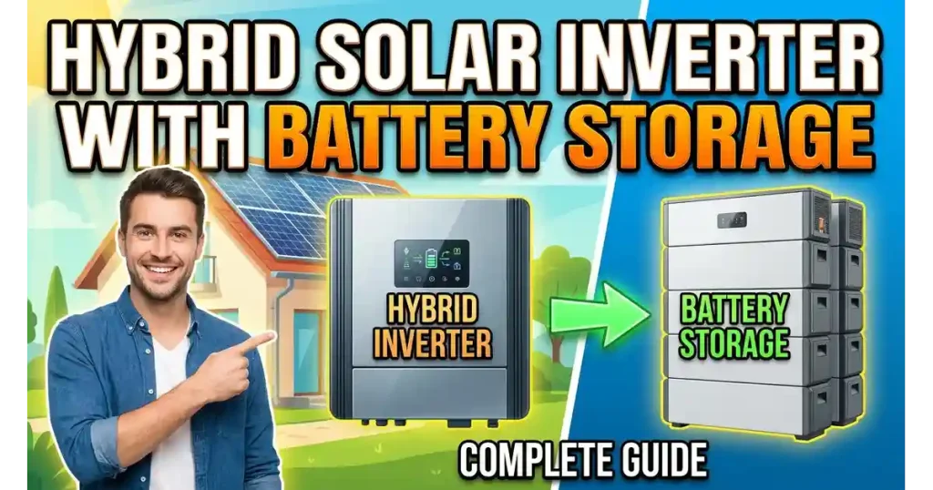 A modern hybrid solar inverter system connected to a wall-mounted home battery storage unit