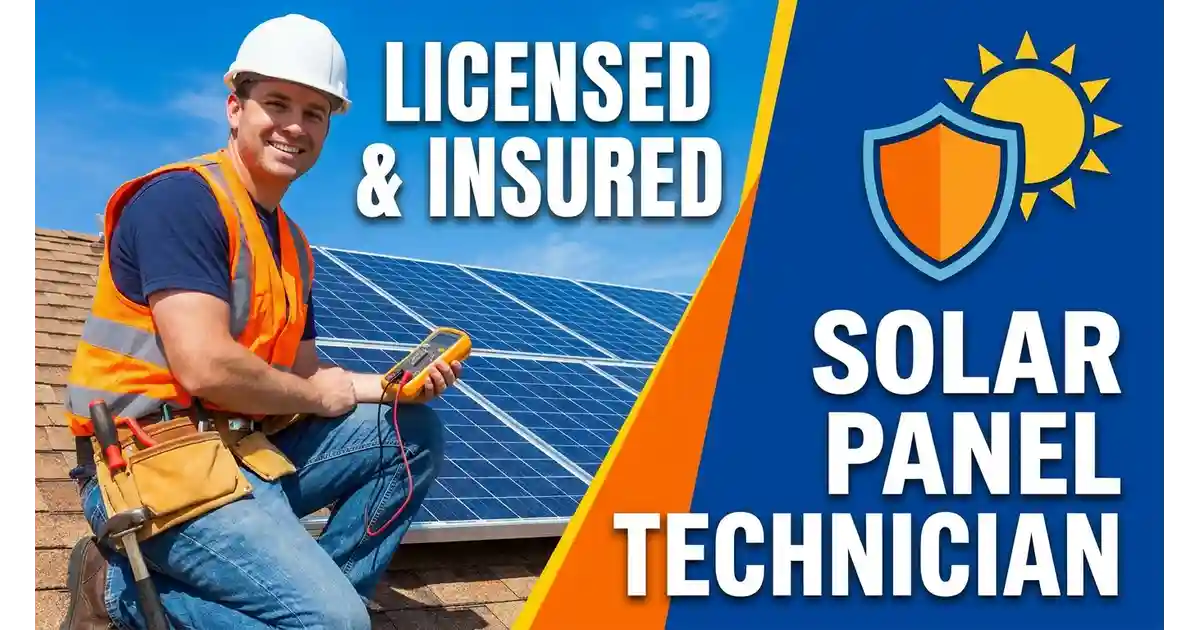 Licensed and insured solar panel cleaning technician working safely on a home rooftop