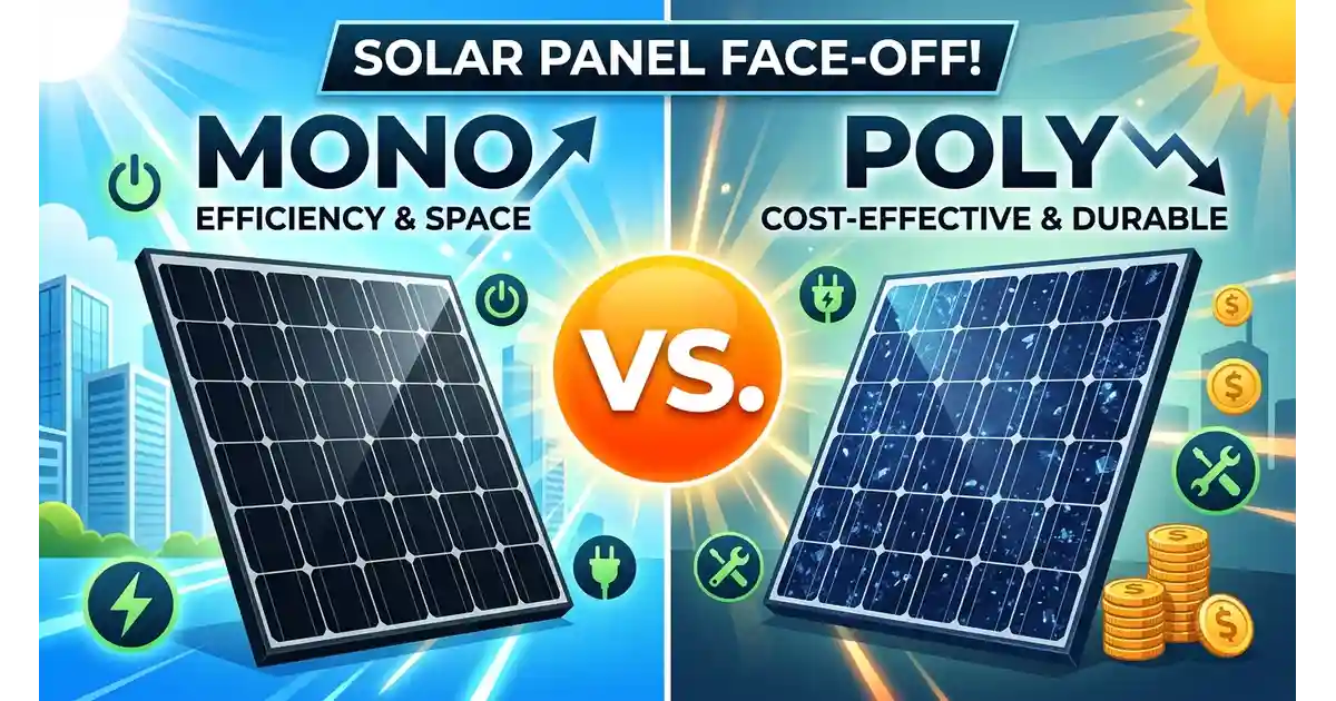 Side-by-side comparison of monocrystalline, polycrystalline, and thin-film solar panels showing color and texture differences