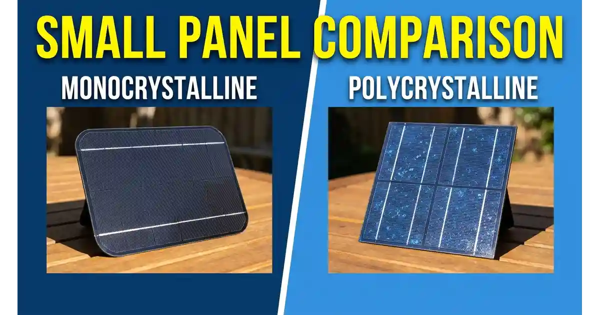 Close-up comparison of monocrystalline (solid black) and polycrystalline (blue speckled) small solar panel cells