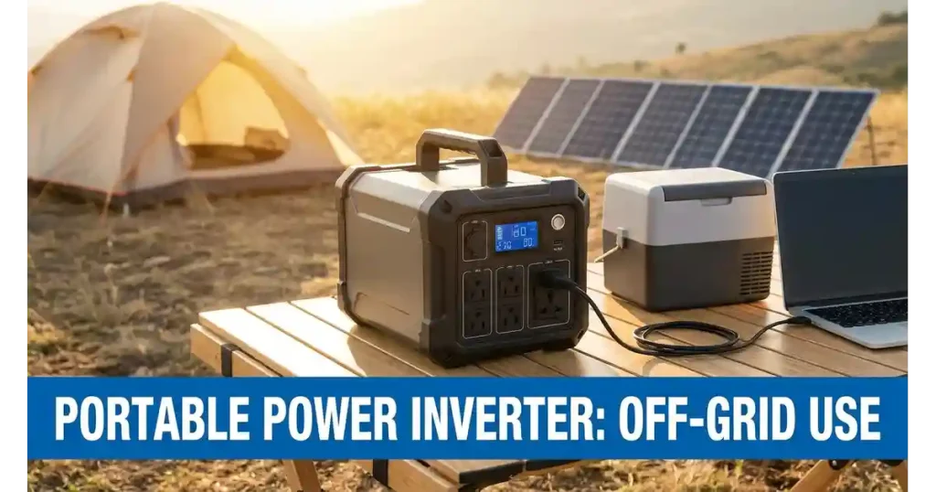 Portable power inverter connected to battery for off-grid power