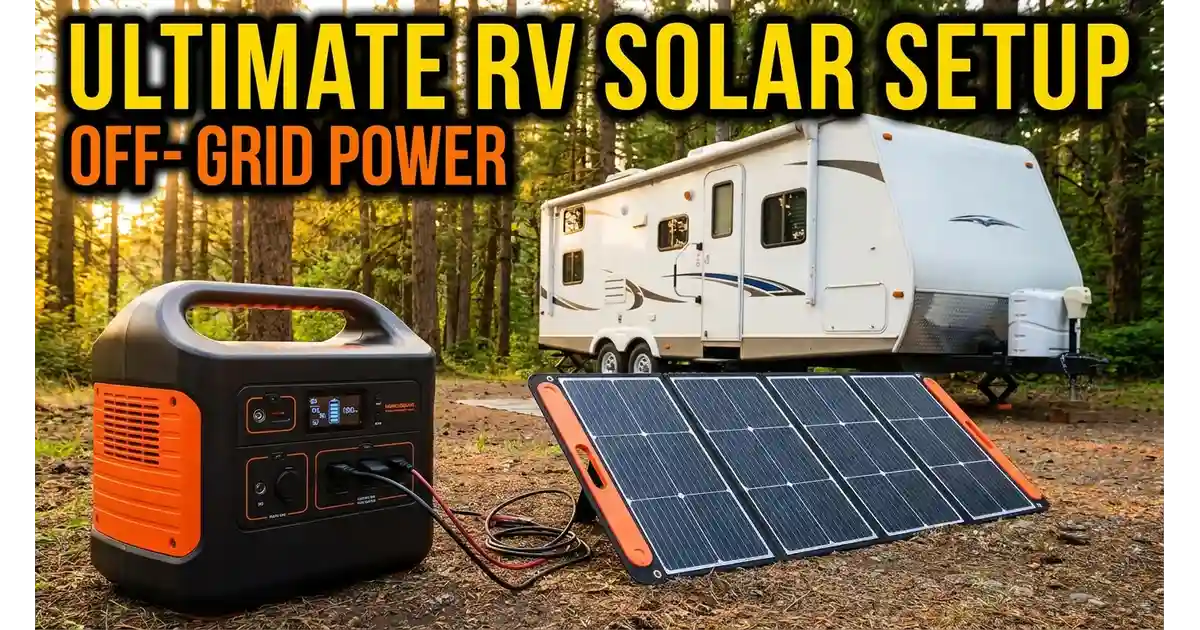 Compact portable solar power generator set up outside an RV with a foldable solar panel charging in the sun