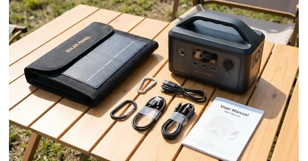 Flat lay of a portable solar power generator kit including the power station, folding solar panel, and charging cables