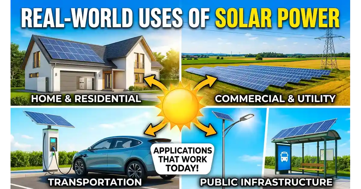 Collage of real-world solar power uses including a home rooftop, a solar street light, and an RV with solar panels