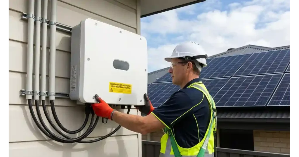 A wall-mounted residential string solar inverter installed on an exterior house wall