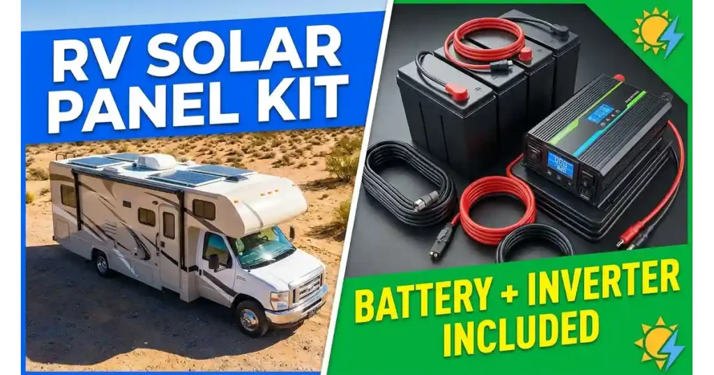 RV solar panel kit with battery and inverter mounted on roof