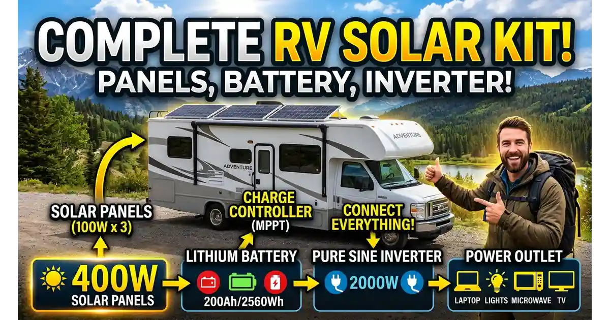 Contents of an RV solar panel kit with battery and inverter, including panel, MPPT controller, and cables