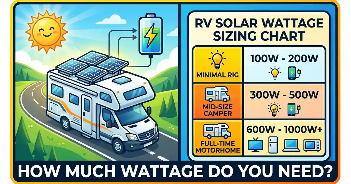 RV solar panel sizing chart comparing 200W, 400W, and 1000W systems and daily output