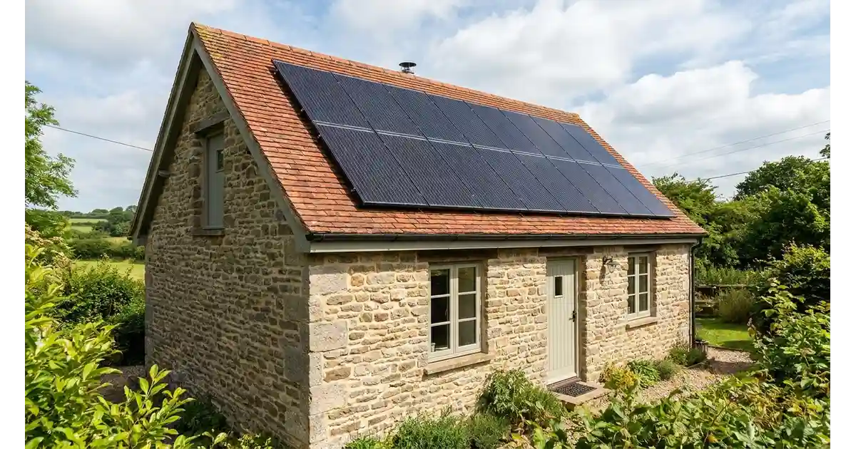 Small rooftop solar panel array installed on a tiny home or small house