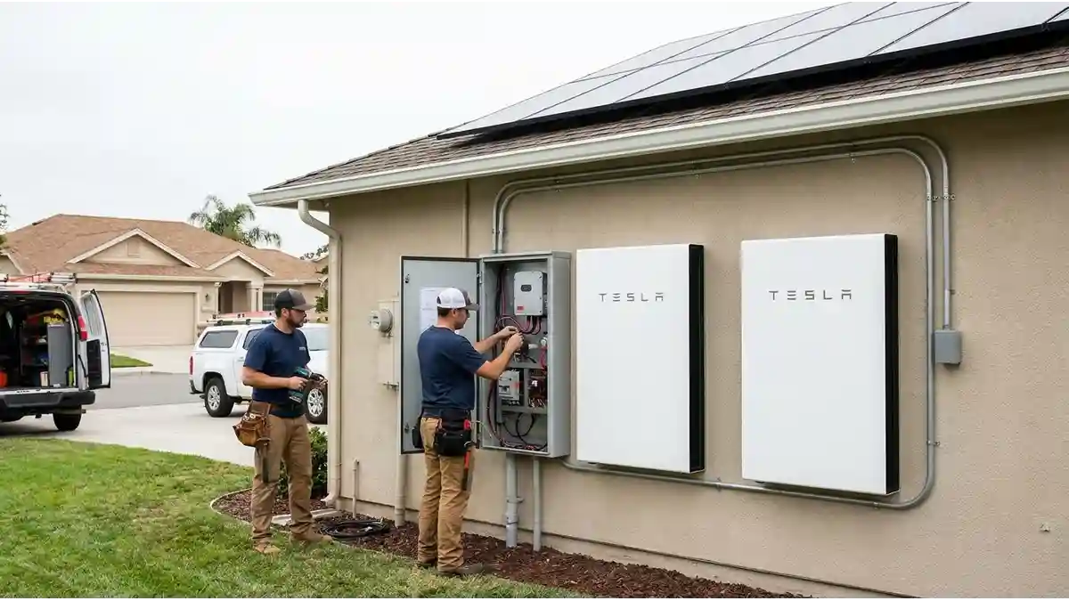 Solar batteries installed on the exterior wall of a modern home