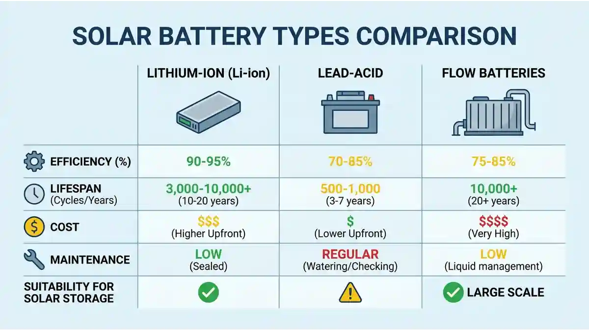 Comparison of LFP lithium, lead-acid, and flow solar batteries