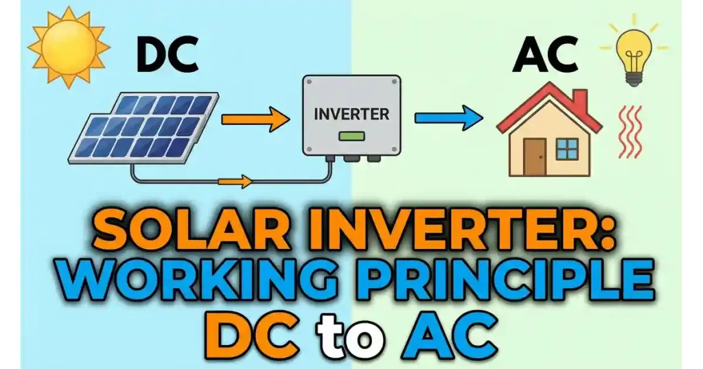 Diagram showing solar panels generating DC electricity and a solar inverter converting it to AC power for home appliances