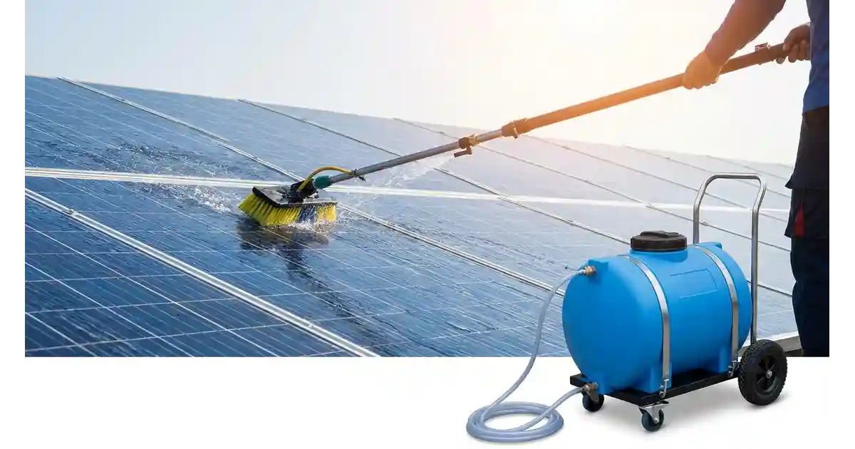 Deionizing water filter and soft-bristle brush attachment used for solar panel cleaning