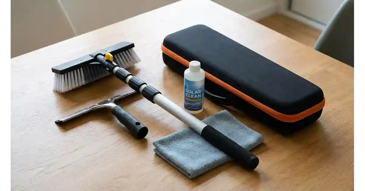 Solar panels cleaning kit with extendable pole, soft brush, squeegee, and hose attachment