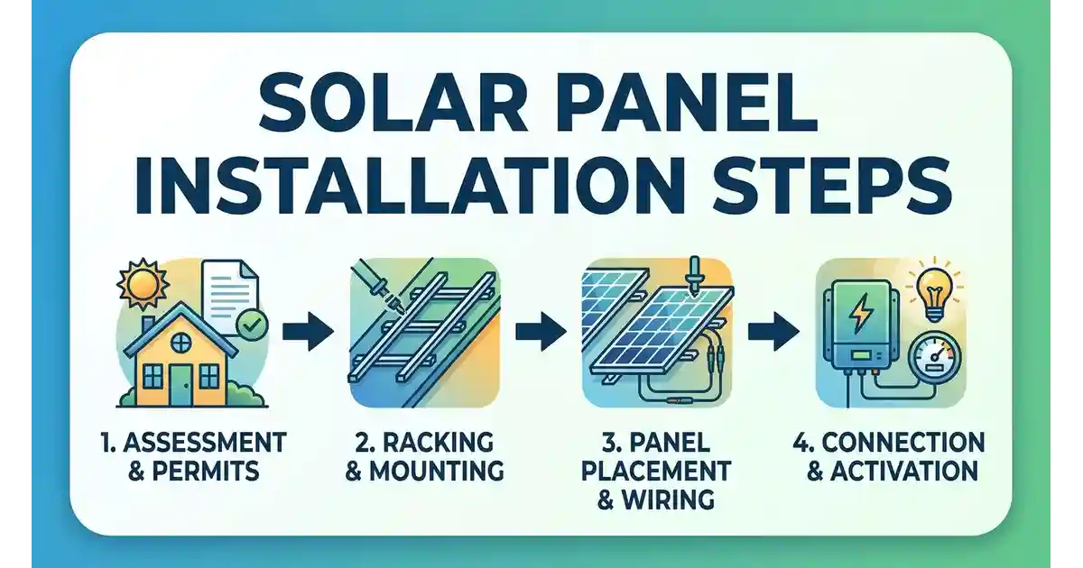 Diagram of the 7-step solar panel installation process from site assessment to utility interconnection