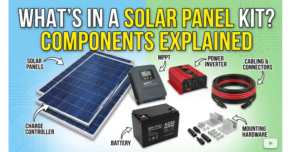 Complete solar panel kit laid out showing panels, inverter, battery, charge controller, and mounting hardware