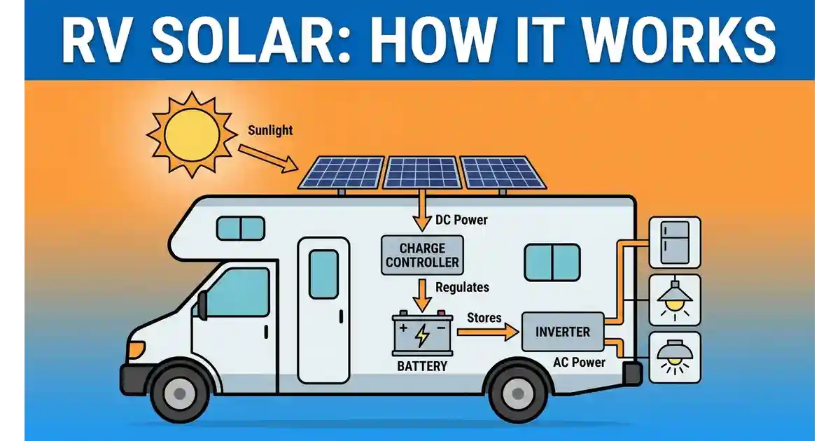 Diagram showing how solar panels for RV systems work, from panel to charge controller to battery to inverter