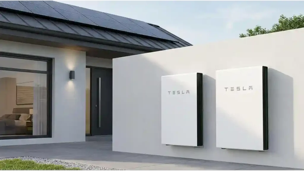 Tesla Powerwall solar battery mounted on a garage wall